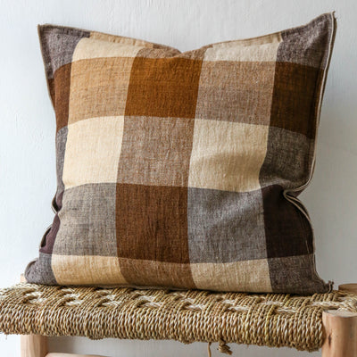 Linen Check Cushion Cover - Chocolate 50cm