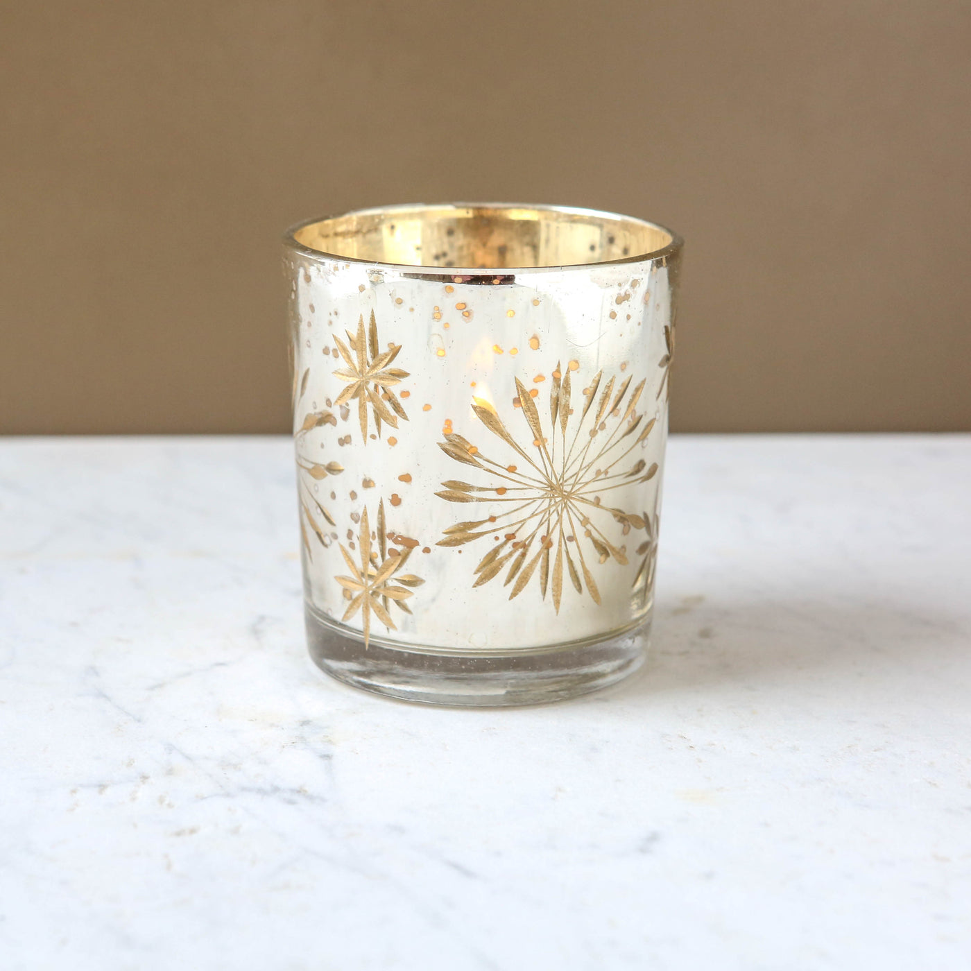 Etched Snowflake Glass Votive - Antique Silver & Gold