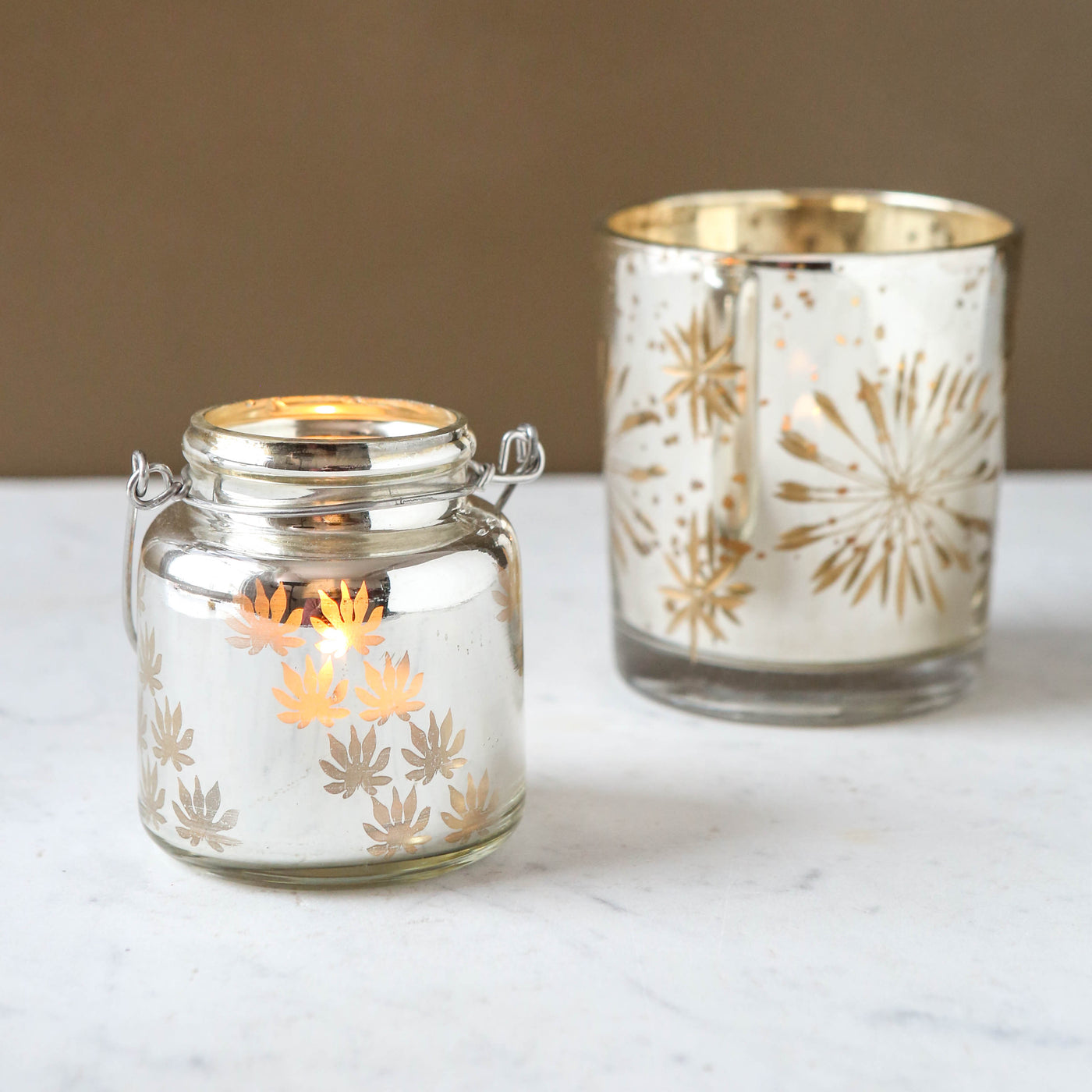 Etched Snowflake Glass Votive - Antique Silver & Gold