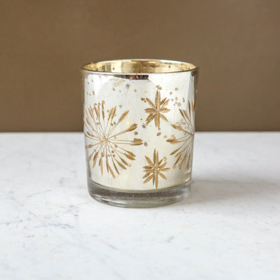 Etched Snowflake Glass Votive - Antique Silver & Gold