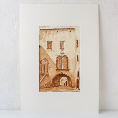 Vintage Original Watercolour Artwork - Sepia Town Square