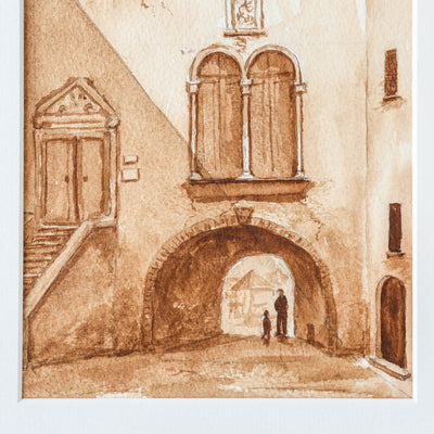 Vintage Original Watercolour Artwork - Sepia Town Square