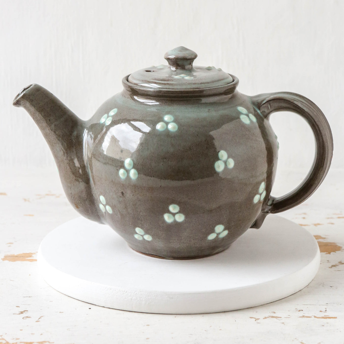 Vintage Slipware Pottery Teapot - Grey with spots design