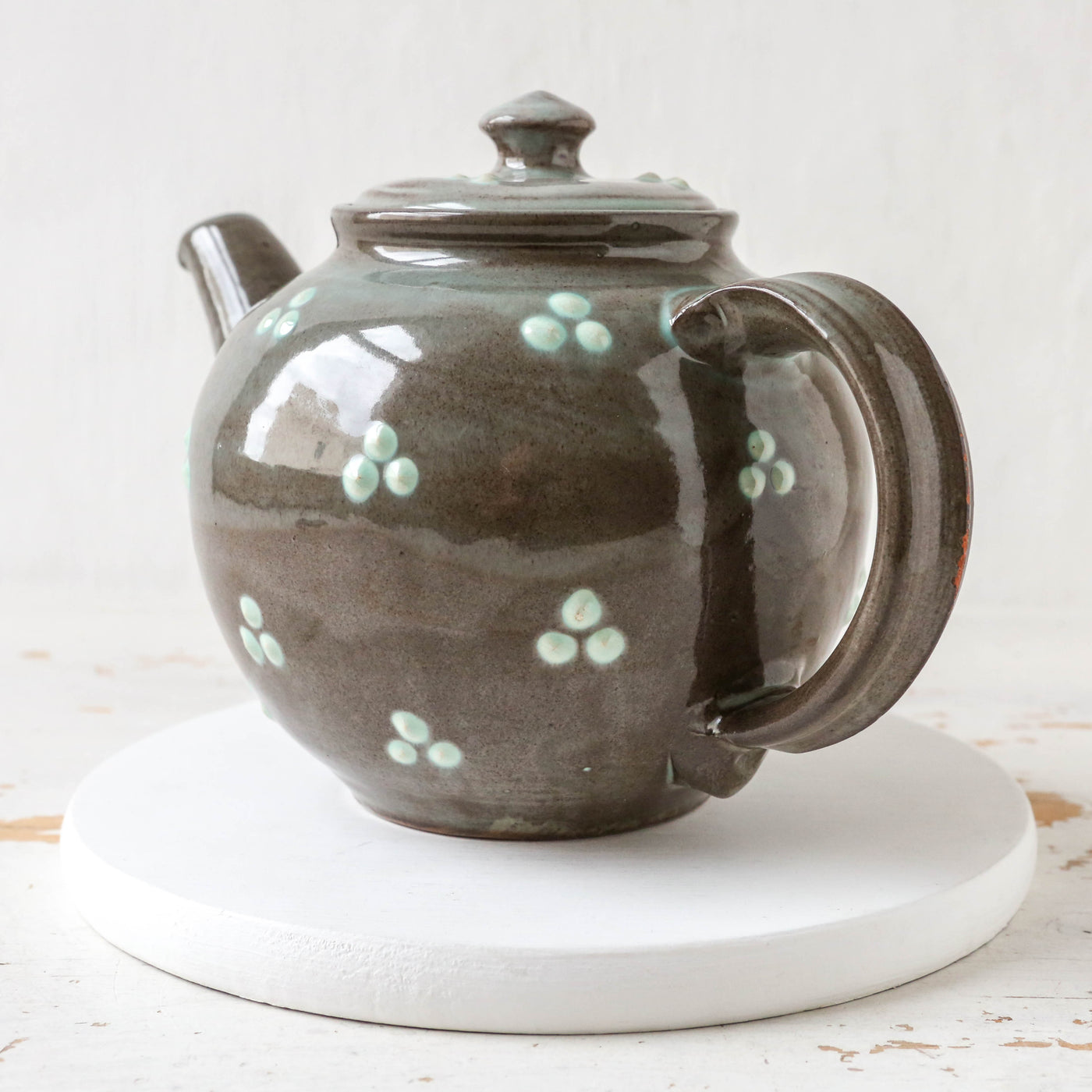 Vintage Slipware Pottery Teapot - Grey with spots design