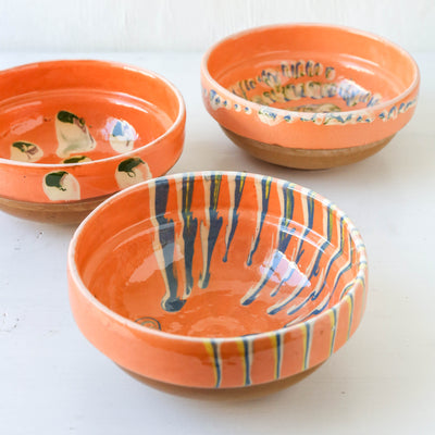 Small Romanian Slipware Folk Bowl - Coral