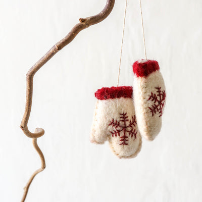 White Felt Scandi Mittens Hanging Decoration