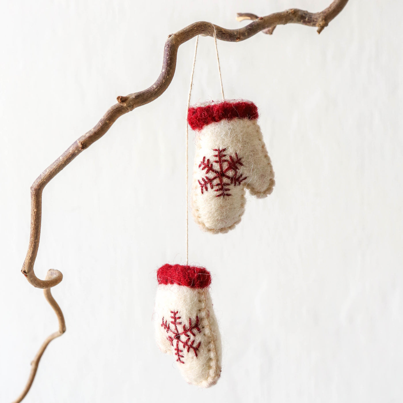 White Felt Scandi Mittens Hanging Decoration
