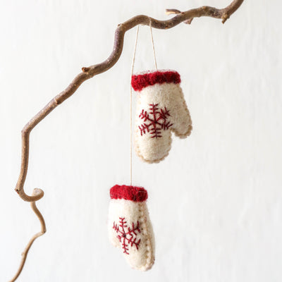 White Felt Scandi Mittens Hanging Decoration