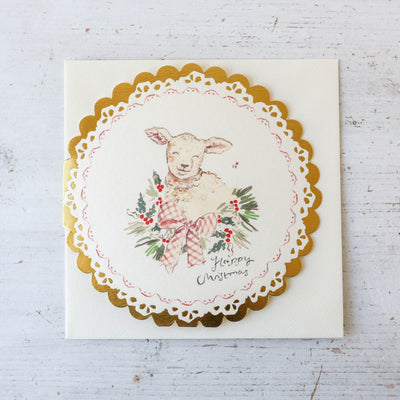 Christmas Lamb Card - Circular Gold Scalloped Card