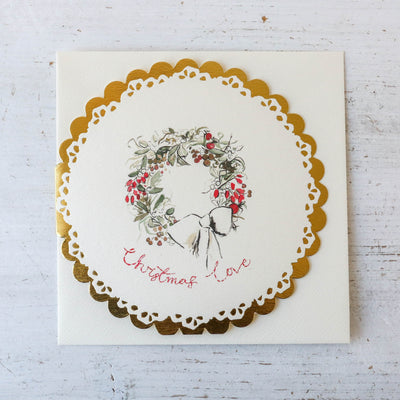 Christmas Love Wreath - Circular Gold Scalloped Card