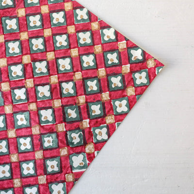 Hand Block Printed Wrap - Floral Checks Scarlet