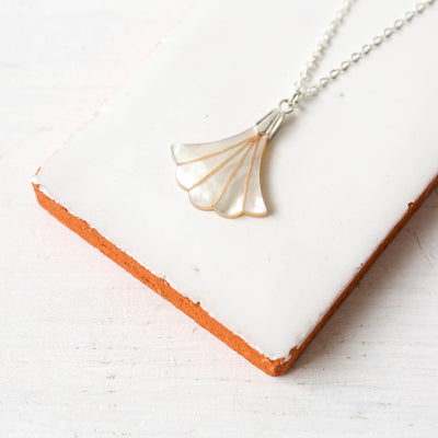 Mother of Pearl Deco Fan Necklace - Silver