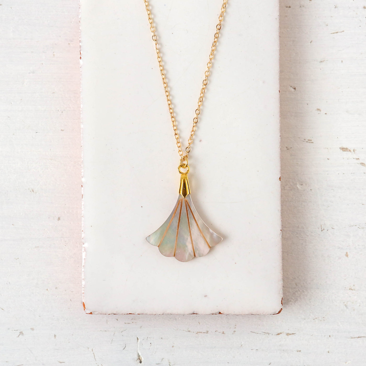 Mother of Pearl Deco Fan Necklace - Gold