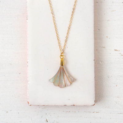 Mother of Pearl Deco Fan Necklace - Gold