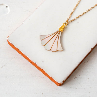 Mother of Pearl Deco Fan Necklace - Gold