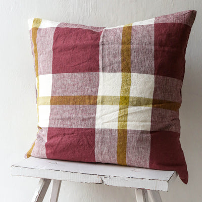 Plum Check Linen Cushion Cover