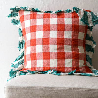 Cherry Gingham Linen Cushion Cover with Ruffle