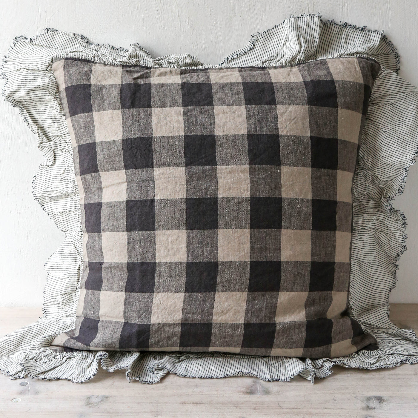 Licorice Gingham Linen Cushion Cover with Ruffle