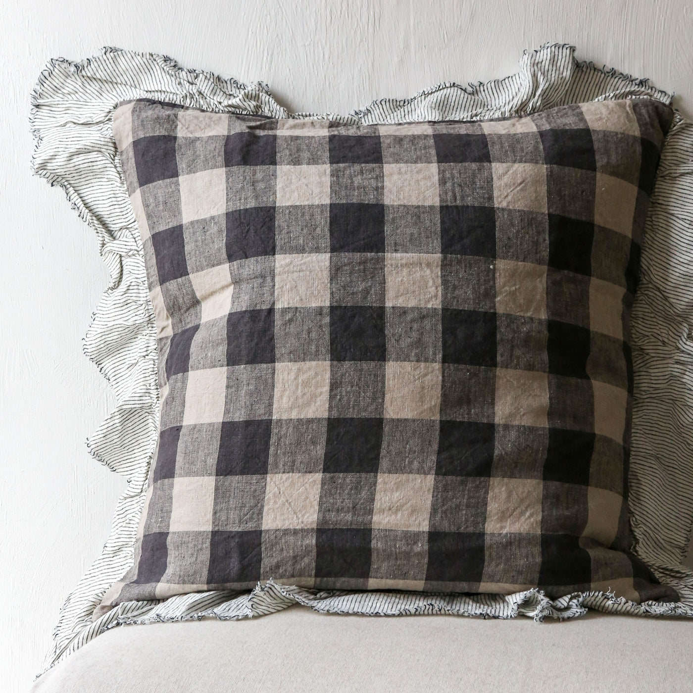 Licorice Gingham Linen Cushion Cover with Ruffle