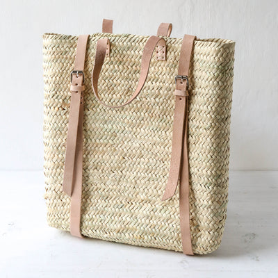 Woven Straw Backpack - Natural Leather