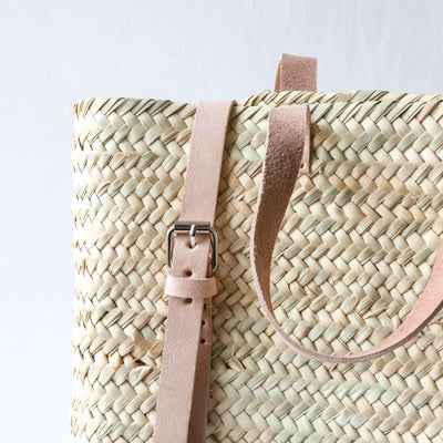 Woven Straw Backpack - Natural Leather