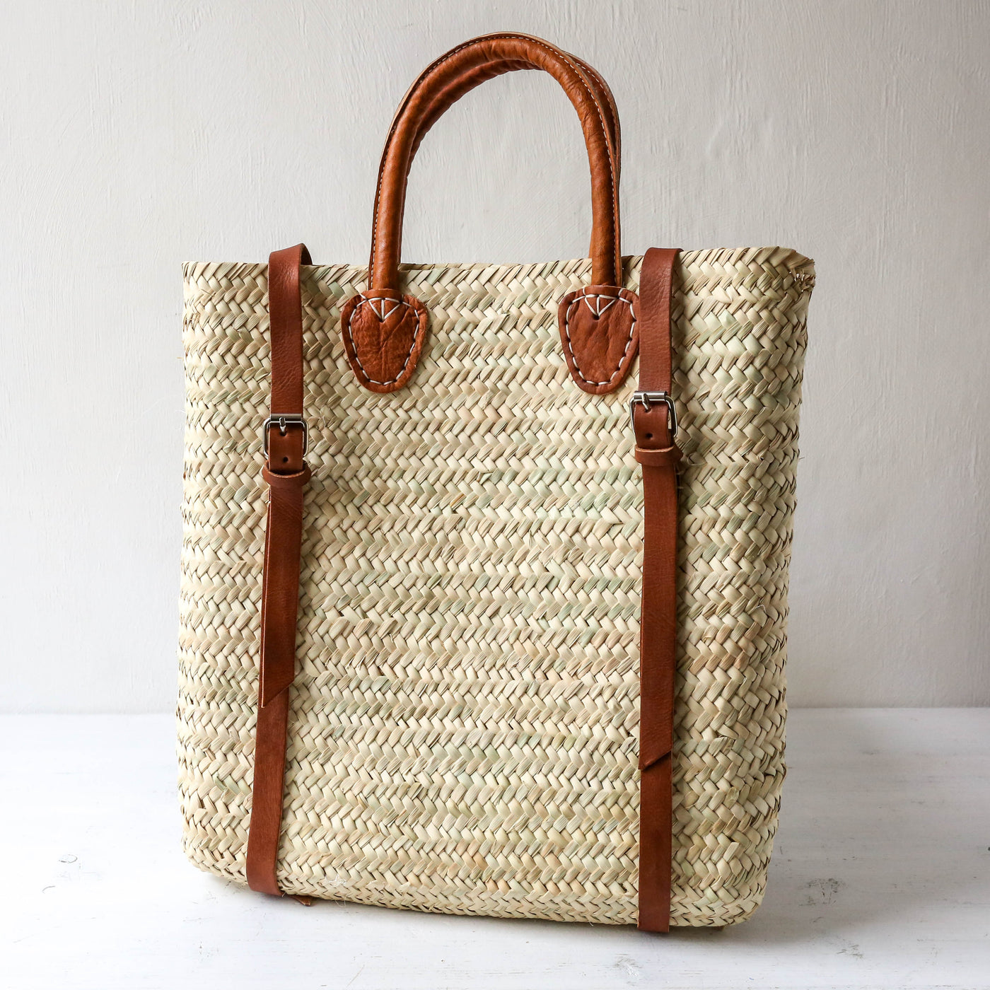 Woven Straw Backpack - Tan Leather