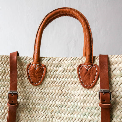 Woven Straw Backpack - Tan Leather