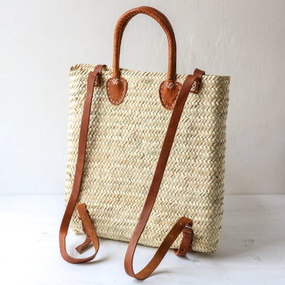 Woven Straw Backpack - Tan Leather