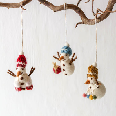 Festive Snowman with Knitted Hat Felt Hanging Decoration
