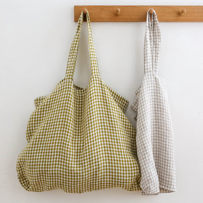Washed Linen Sloppy Shoulder Bag - Beige Check