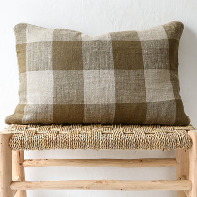 Oblong Bold Check Piped Linen Cushion Cover - Gold