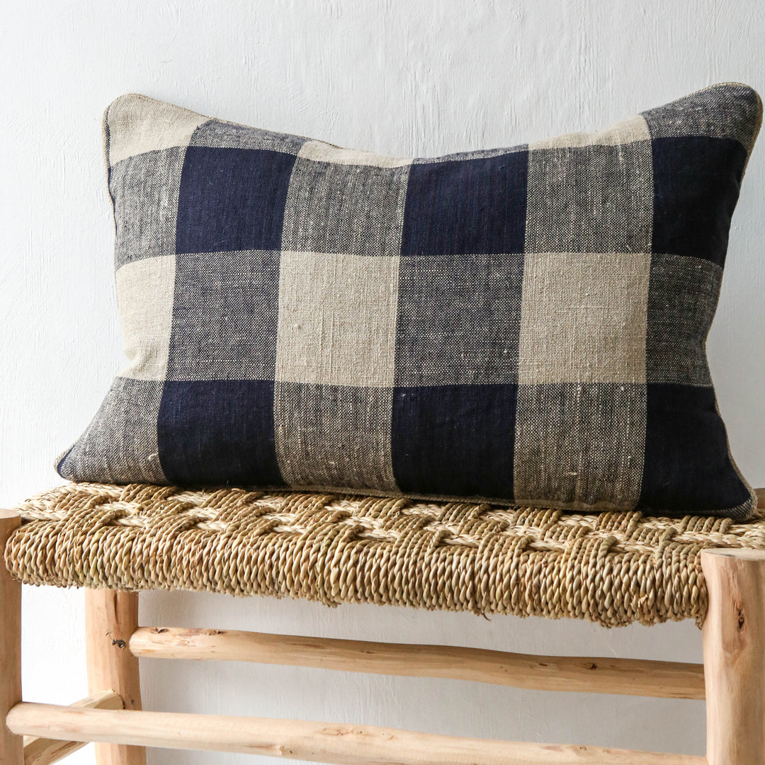 Oblong Bold Check Piped Linen Cushion Cover Navy