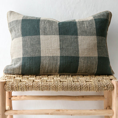 Oblong Bold Check Piped Linen Cushion Cover - Pigeon