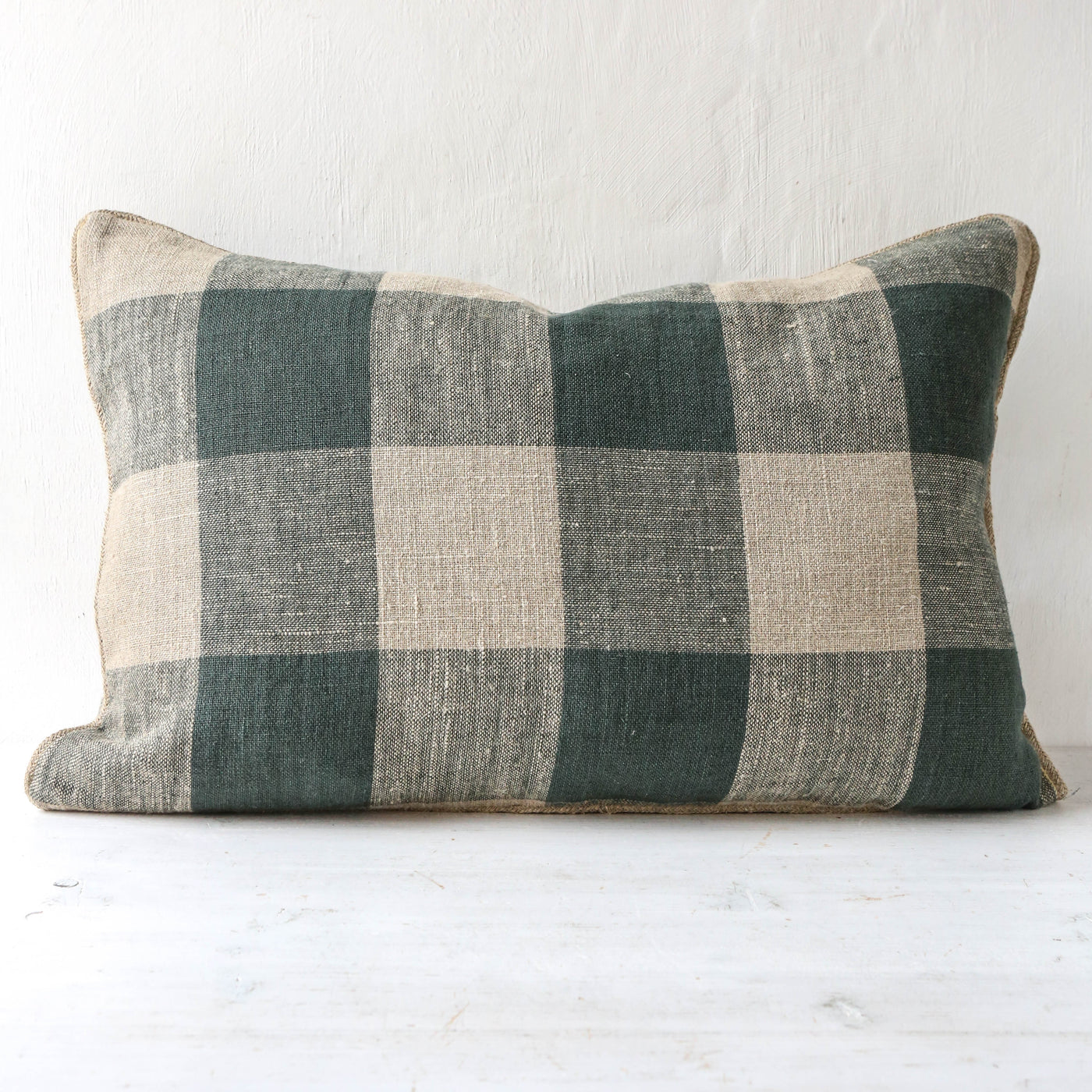 Oblong Bold Check Piped Linen Cushion Cover - Pigeon