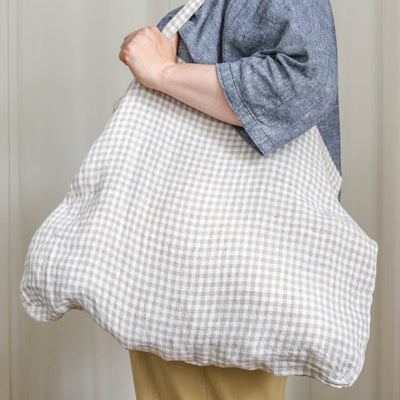 Washed Linen Sloppy Shoulder Bag - Beige Check