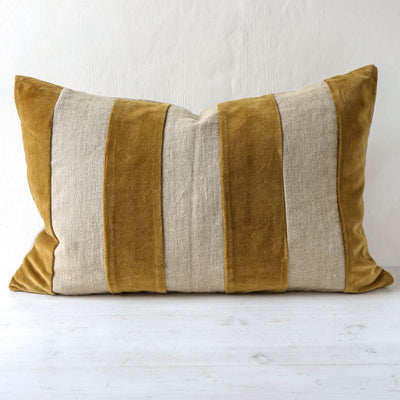 Oblong Linen & Velvet Stripe Cushion Cover - Gold