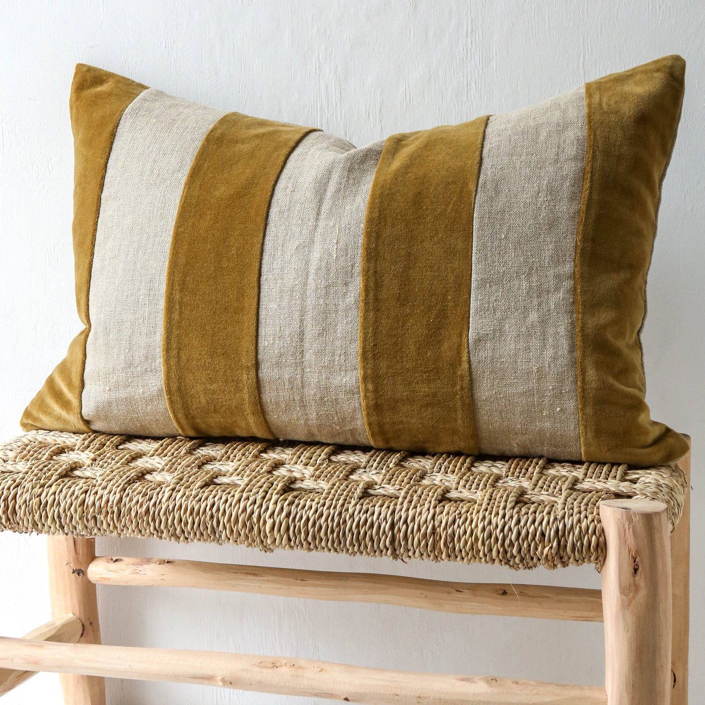 Oblong Linen & Velvet Stripe Cushion Cover - Gold
