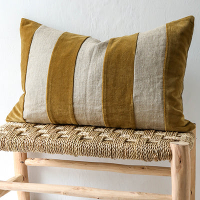 Oblong Linen & Velvet Stripe Cushion Cover - Gold
