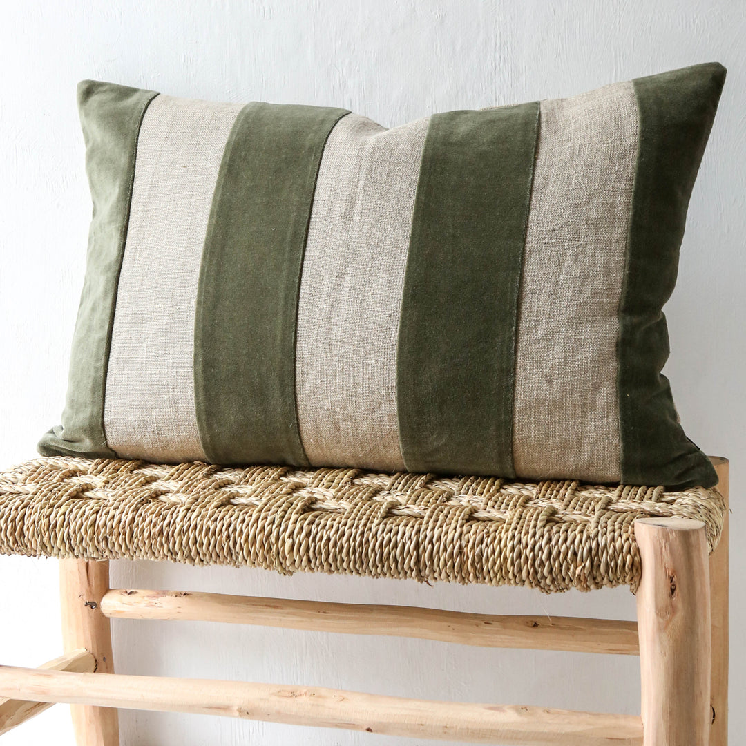 Oblong Linen Velvet Stripe Cushion Cover Khaki – Berylune