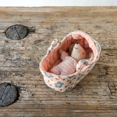 Maileg Baby Mouse In Carry Cot - Rose
