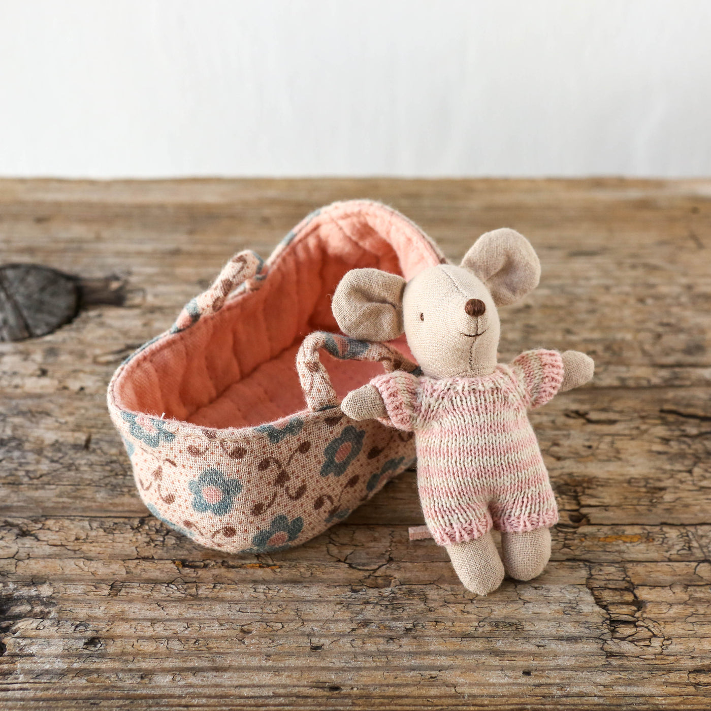 Maileg Baby Mouse In Carry Cot - Rose