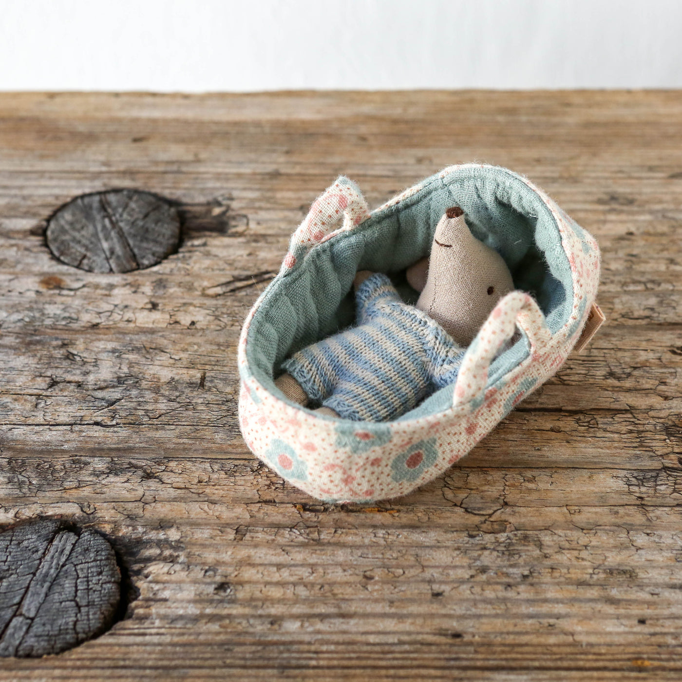 Maileg Baby Mouse In Carry Cot - Blue