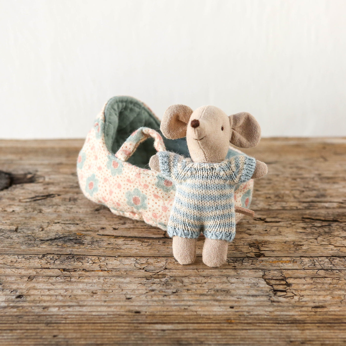 Maileg Baby Mouse In Carry Cot - Blue