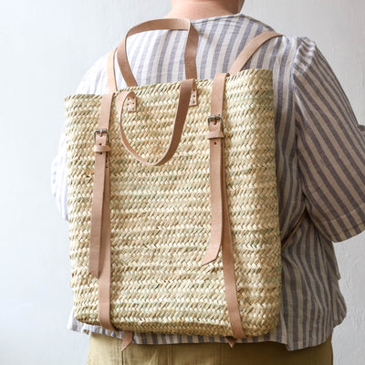 Woven Straw Backpack - Natural Leather
