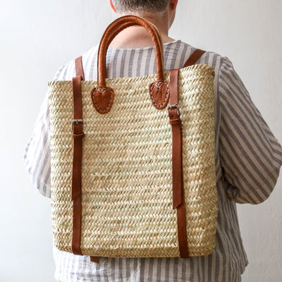 Woven Straw Backpack - Tan Leather