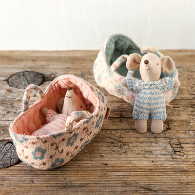 Maileg Baby Mouse In Carry Cot - Rose