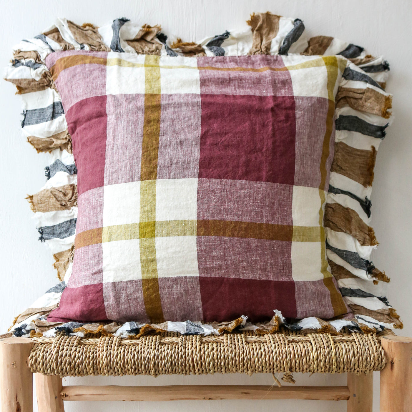 Plum Check Linen Cushion Cover with Ruffle