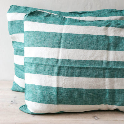 SALE Pair of Linen Pillowcases - Emerald Stripe
