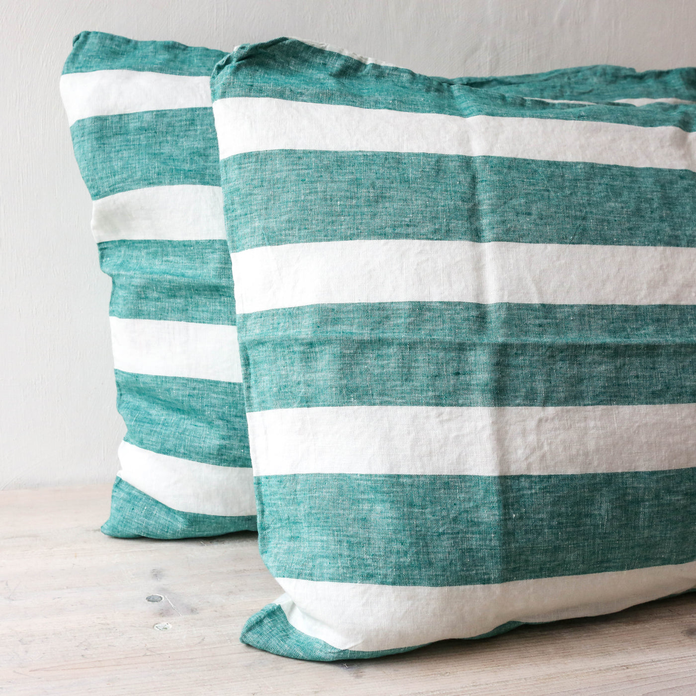 Pair of Linen Pillowcases - Emerald Stripe