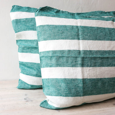 SALE Pair of Linen Pillowcases - Emerald Stripe